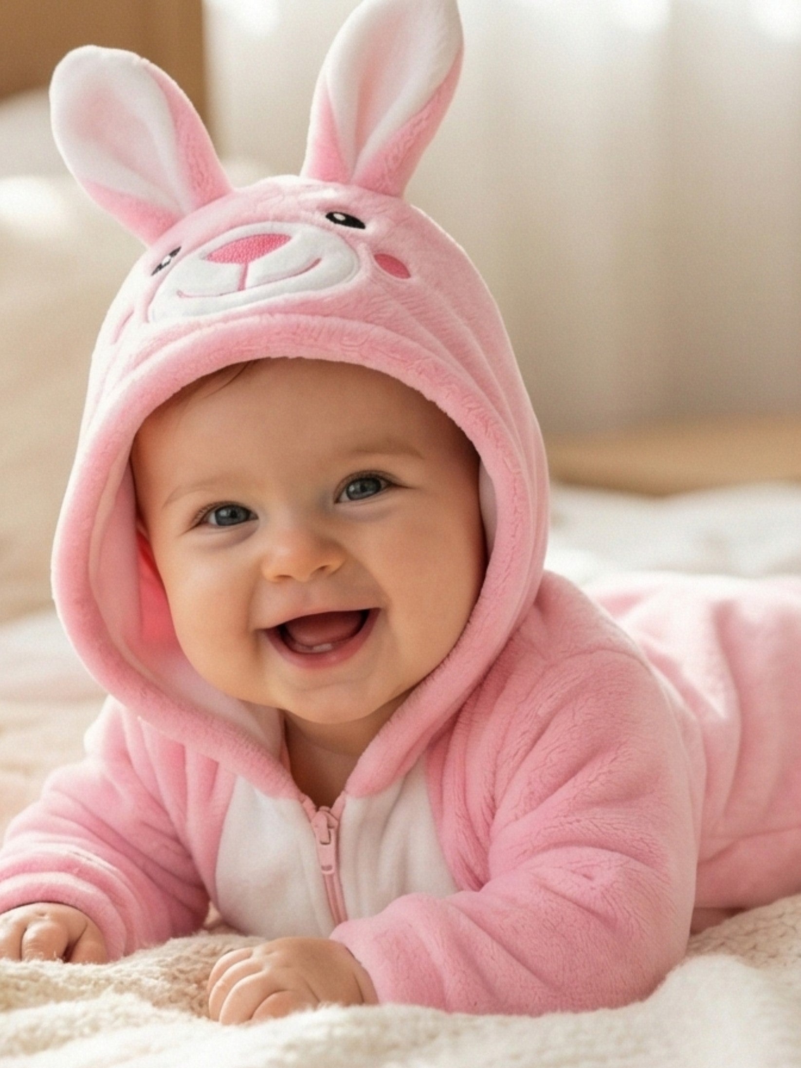 Pink Bunny Plush Hooded Baby Romper