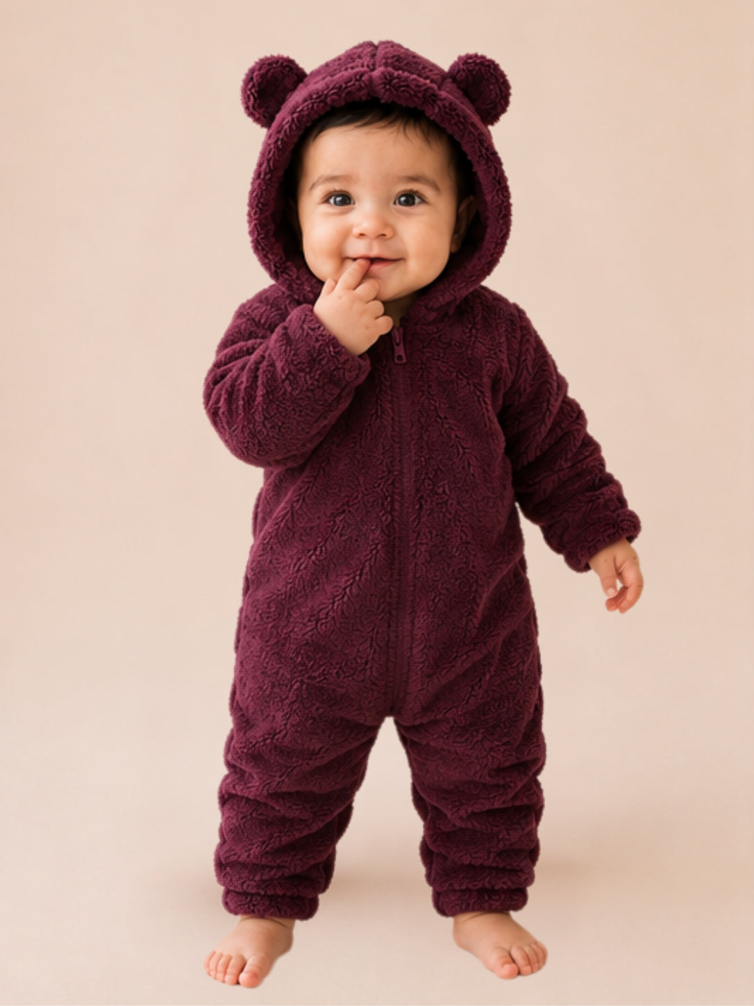 BabyZone Cozy Bear Hooded Plush Baby Romper