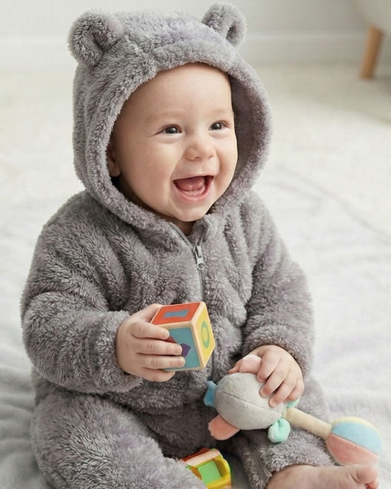 BabyZone Cozy Bear Hooded Plush Baby Romper