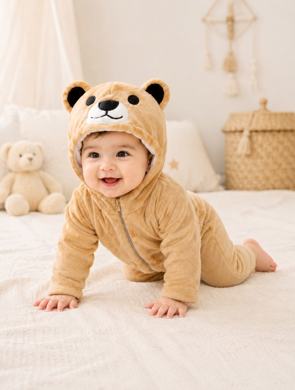 Bear Hooded Plush Fleece Jumpsuit For Newborn & Infants