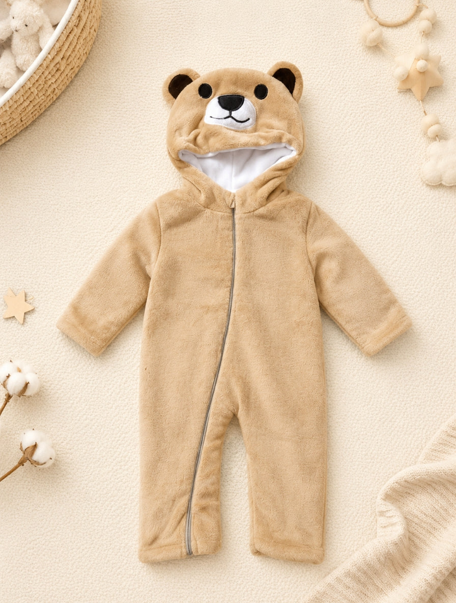 Bear Hooded Plush Fleece Jumpsuit For Newborn & Infants