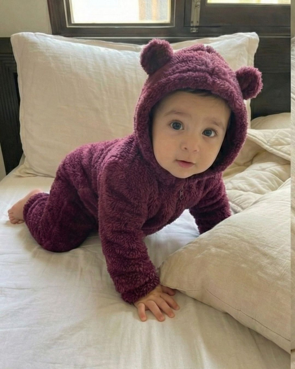 BabyZone Cozy Bear Hooded Plush Baby Romper