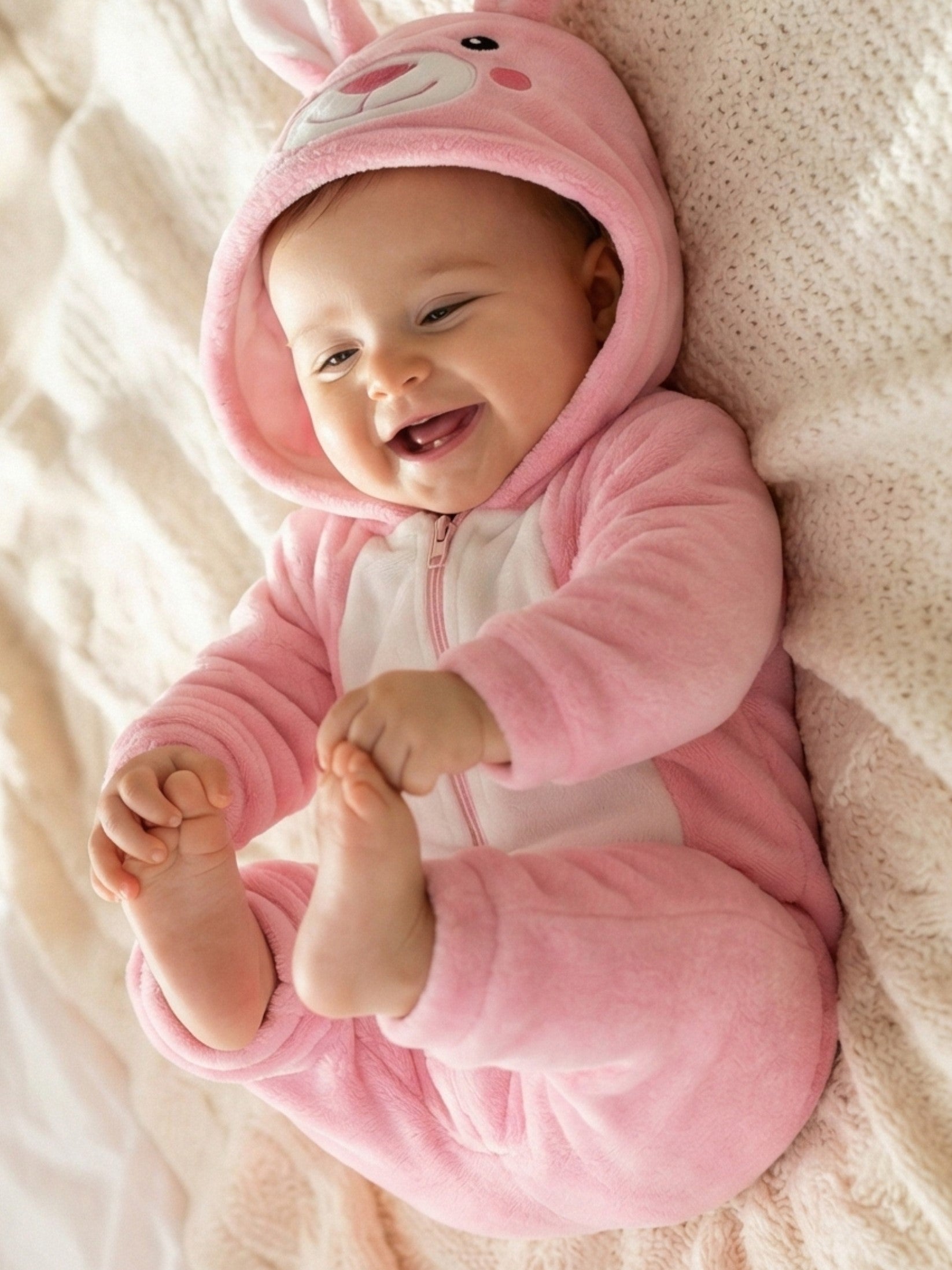 Pink Bunny Plush Hooded Baby Romper