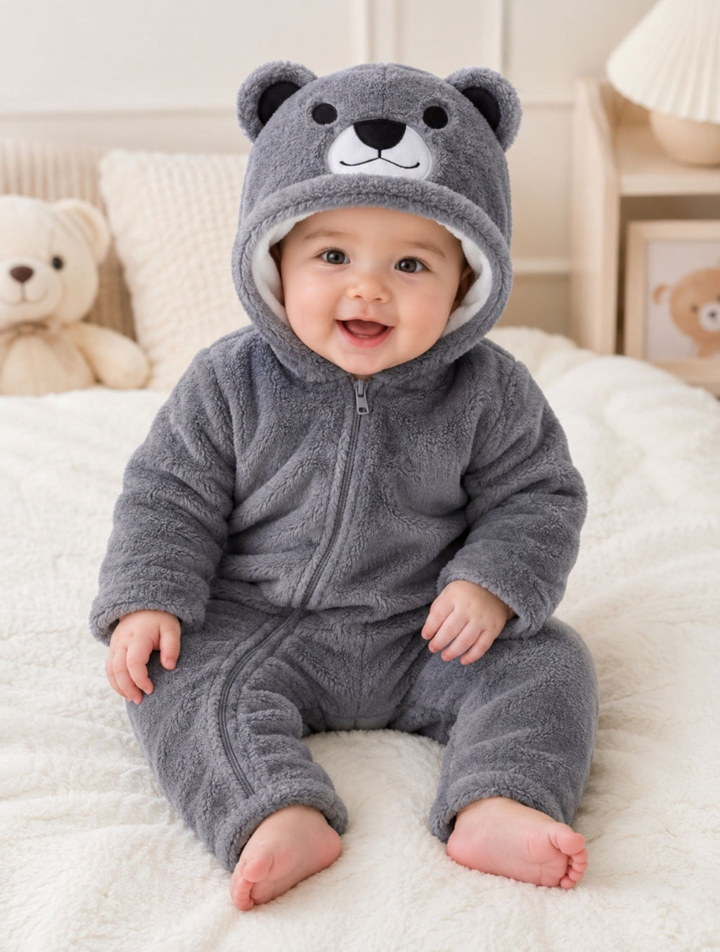 Bear Hooded Plush Fleece Jumpsuit For Newborn & Infants