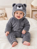 Bear Hooded Plush Fleece Jumpsuit For Newborn & Infants