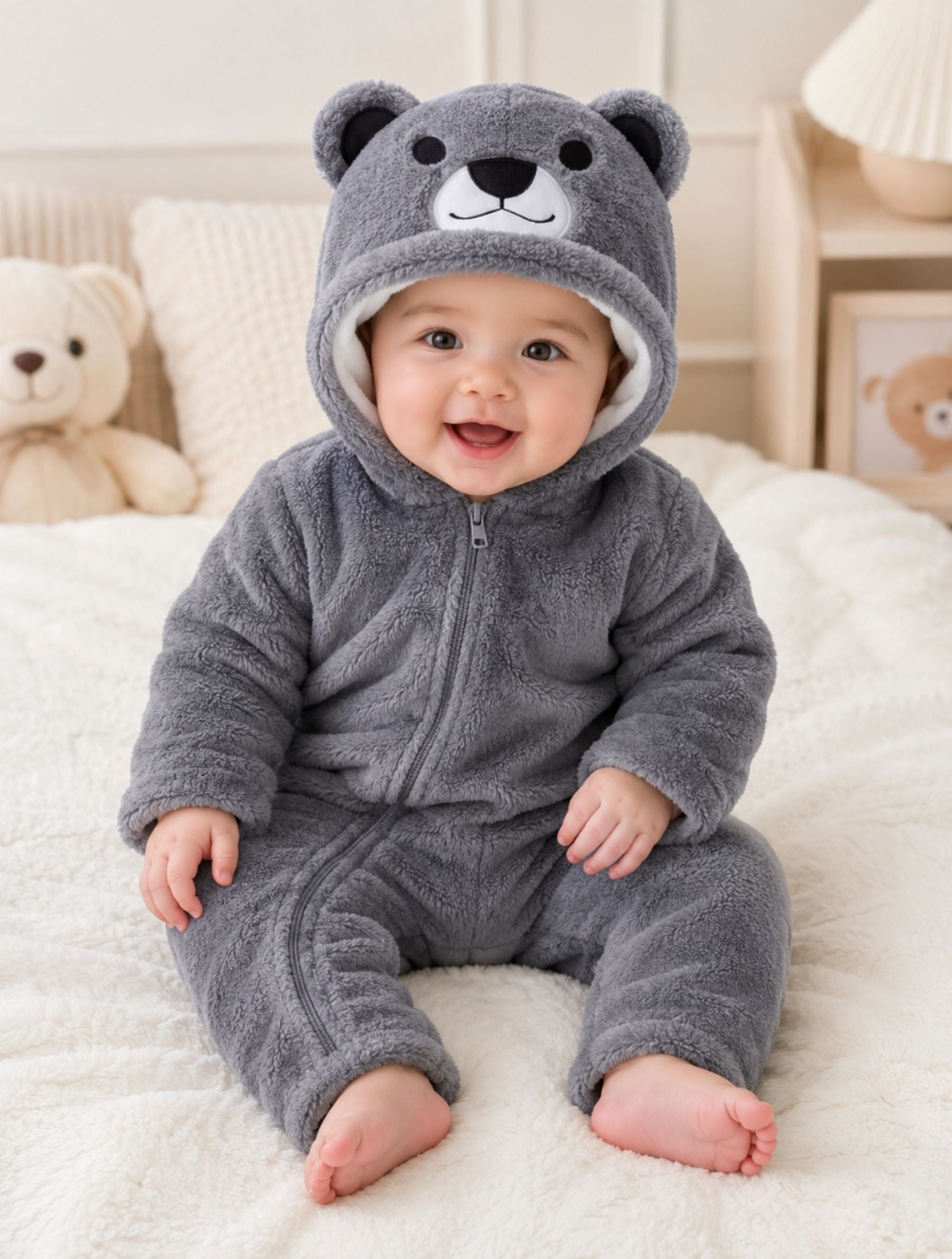 Bear Hooded Plush Fleece Jumpsuit For Newborn & Infants