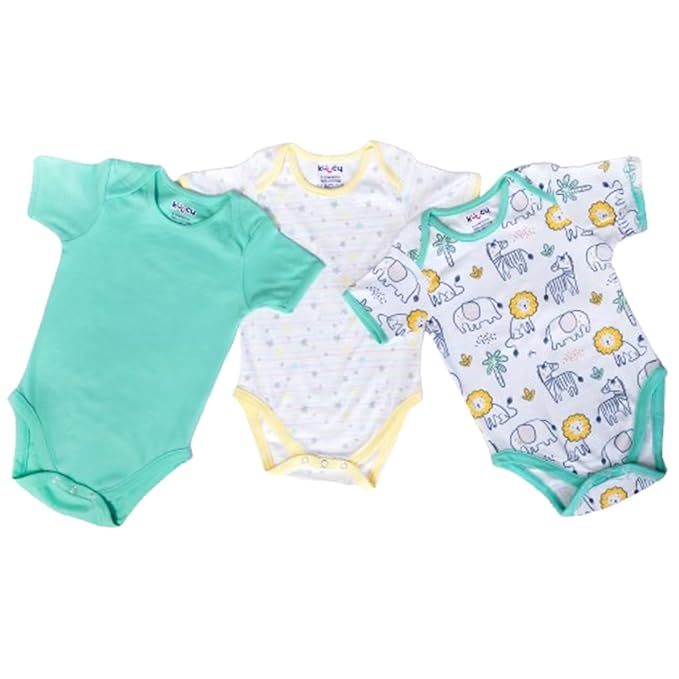 Kucci Short-sleeve, Printed and Plain Cotton Rompers (Pack of 3)(Mint Green)
