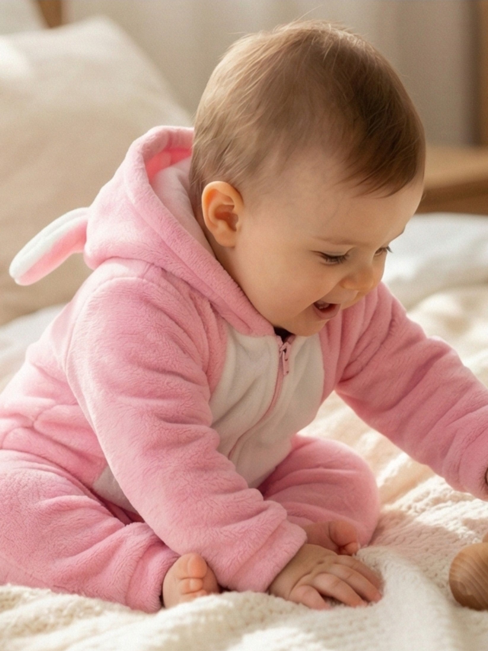 Pink Bunny Plush Hooded Baby Romper