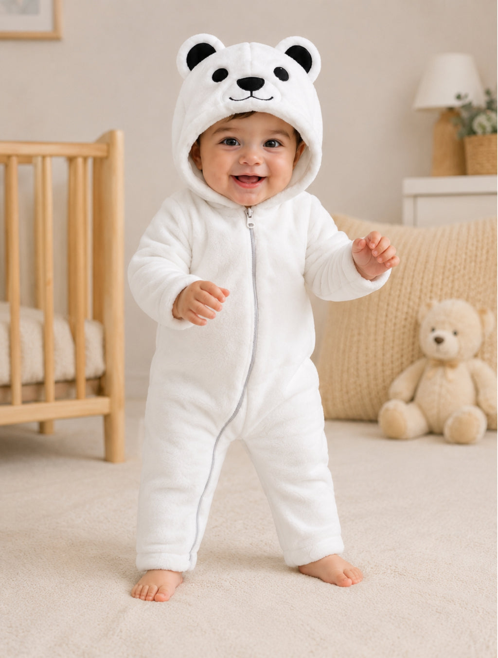 Bear Hooded Plush Fleece Jumpsuit For Newborn & Infants
