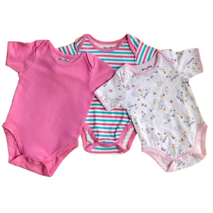 Kucci Short-sleeve, Printed and Plain Cotton Rompers Pack of 3(Pink)