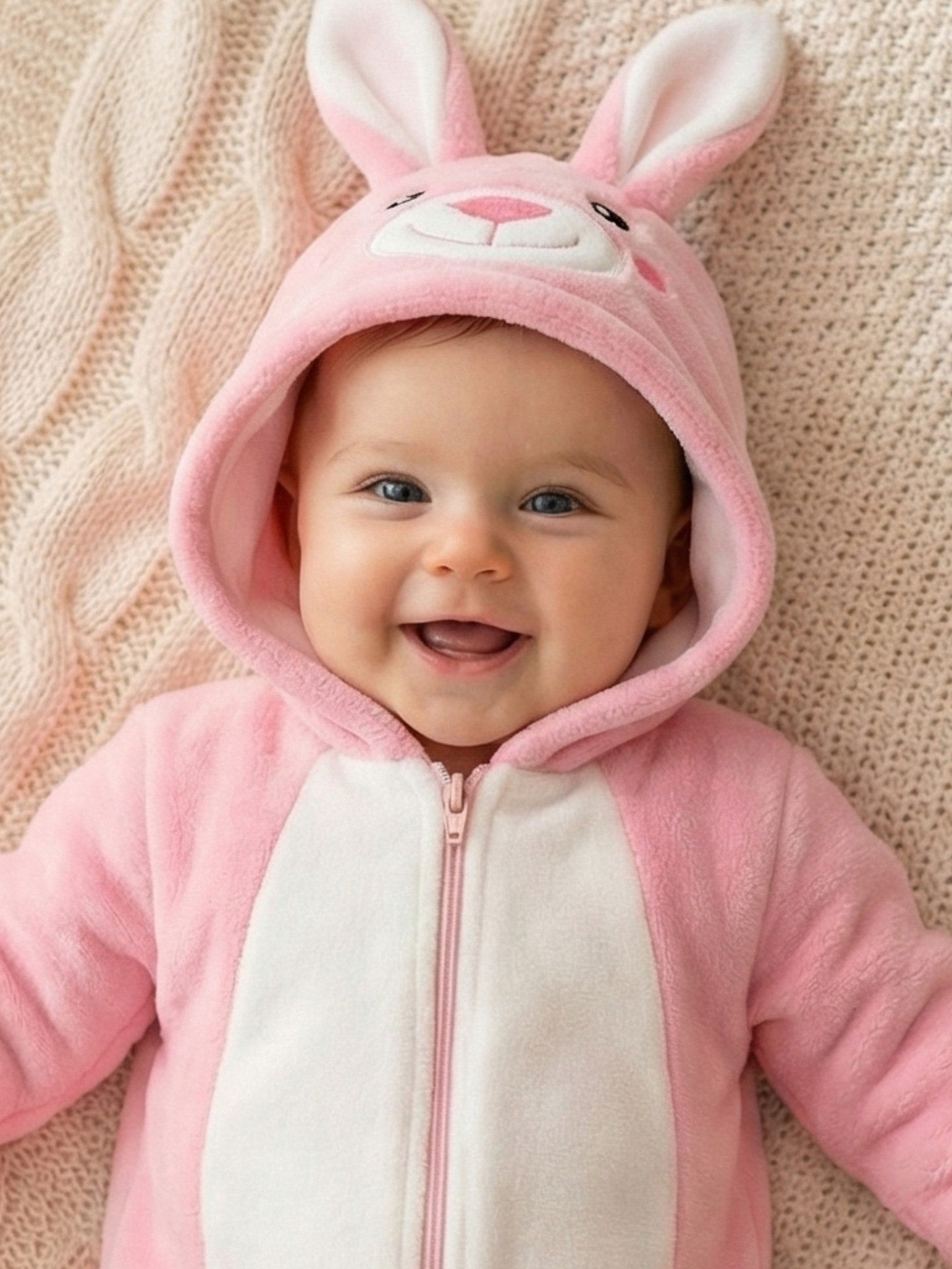 Pink Bunny Plush Hooded Baby Romper