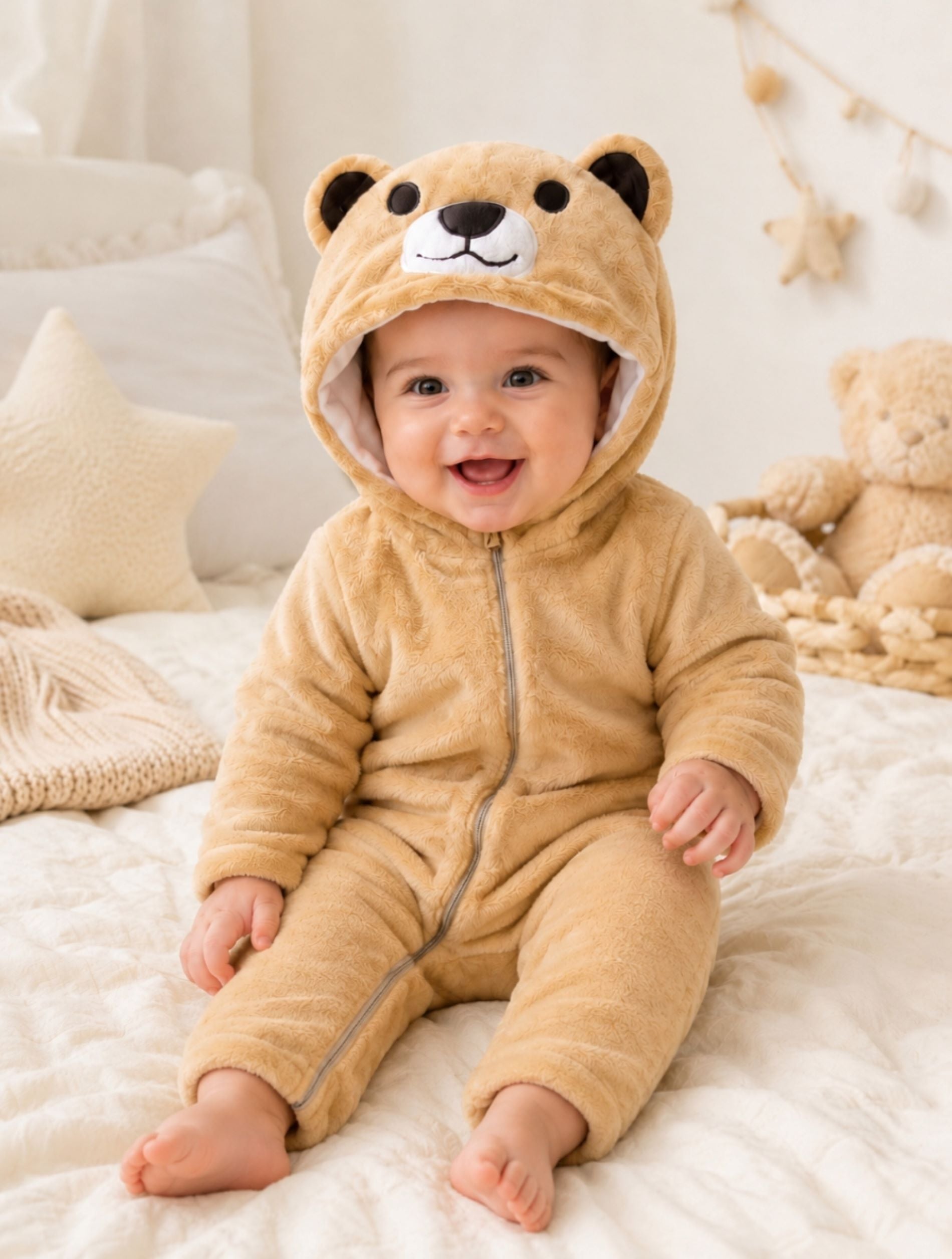 Bear Hooded Plush Fleece Jumpsuit For Newborn & Infants