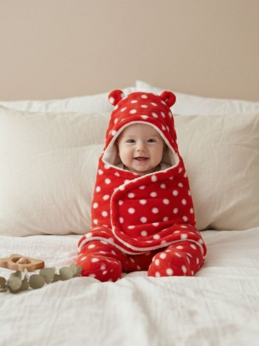 Soft Plush Winter Hooded Dot Print Swaddle for Newborns