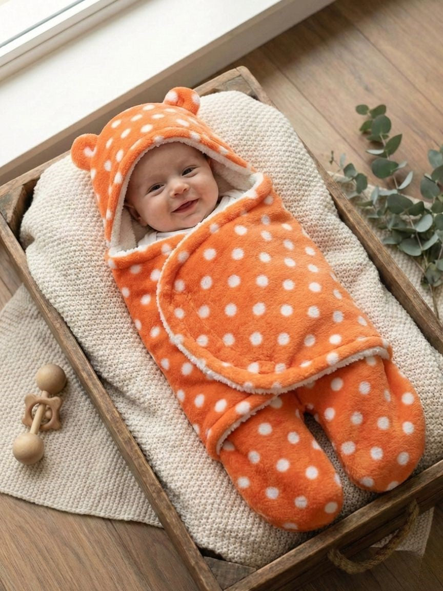 Soft Plush Winter Hooded Dot Print Swaddle for Newborns