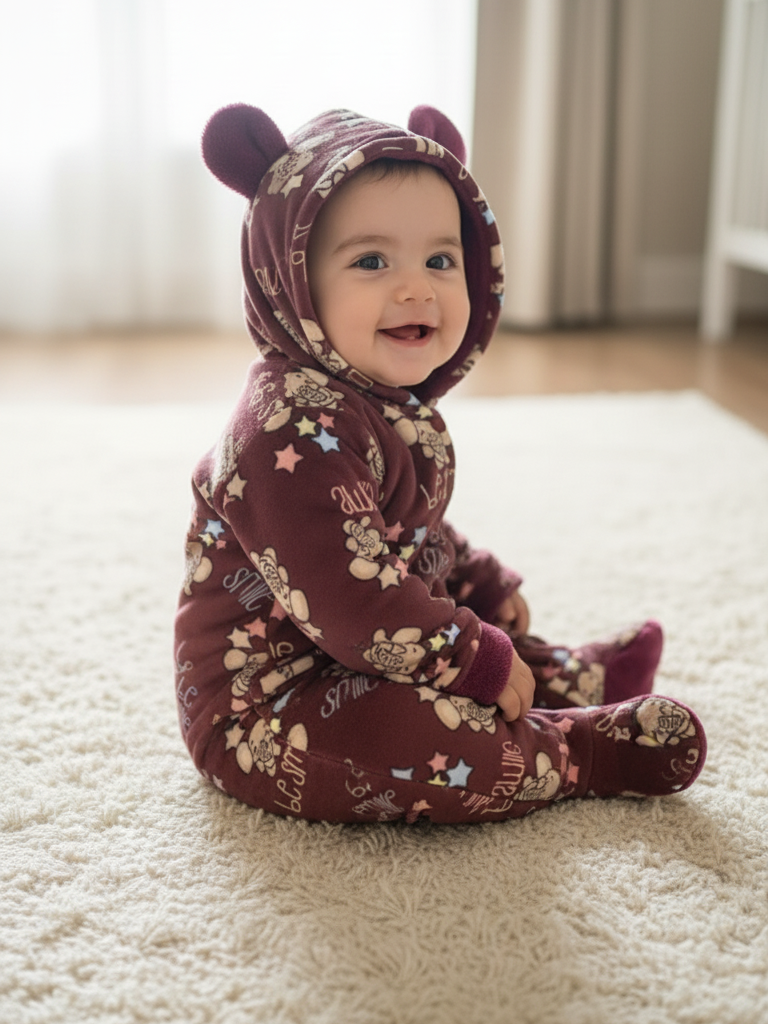 Cozy Printed Romper with Bear Hood