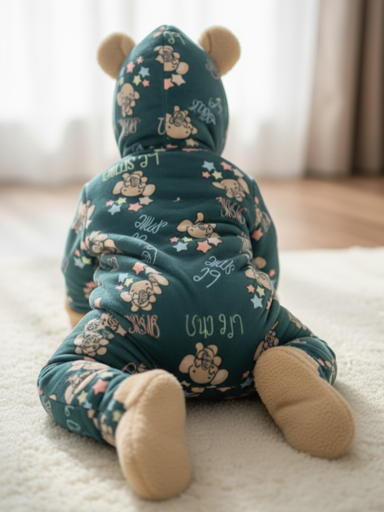 Cozy Printed Romper with Bear Hood