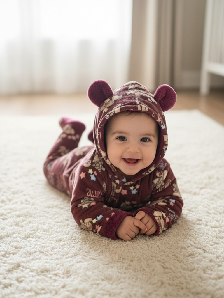 Cozy Printed Romper with Bear Hood