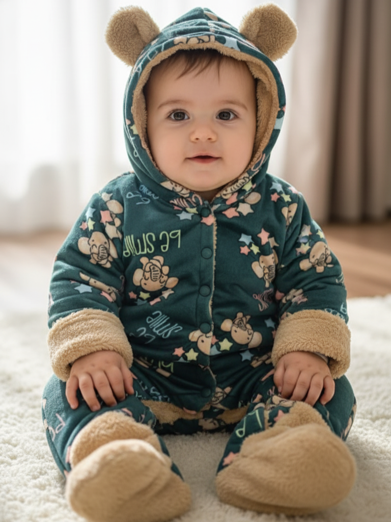 Cozy Printed Romper with Bear Hood