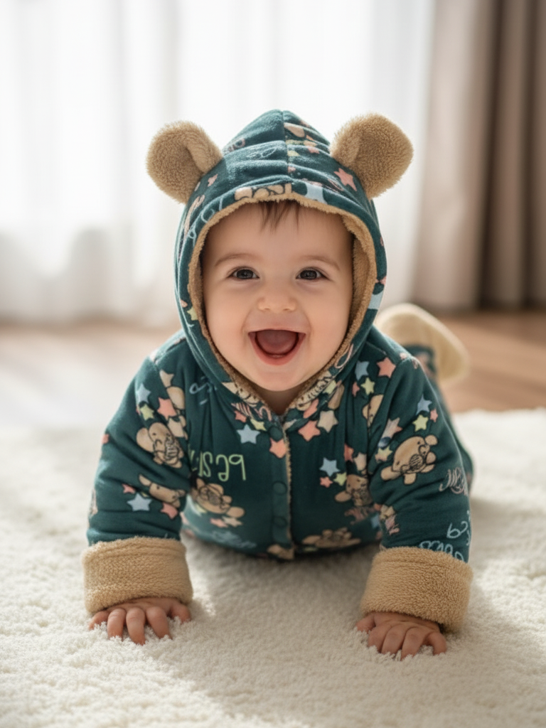Cozy Printed Romper with Bear Hood